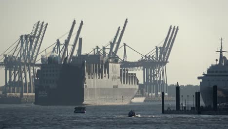 Ro-Ro/Container-Carrier,-container-vessel,--loading-cranes,-harbour-Hamburg,-4K