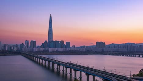 Seoul-City-and-Lotte-Tower,-South-Korea.-Time-lapse-4k