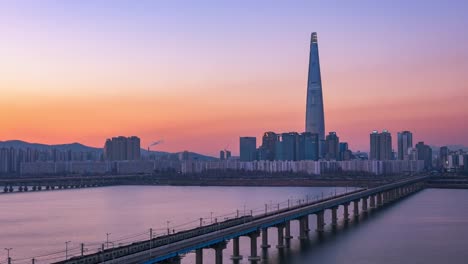 Seoul-City-und-Lotte-Tower,-Südkorea.-Zeitraffer-4k