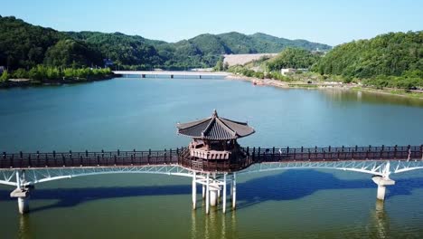 Aerial-View-of-Wolyeong-gyo-Wood-Bridge-in-Andong,-South-Korea