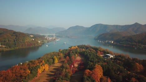 Aerial-view.-Sunrise-Autumn-at-Nami-island-,Seoul-Korea