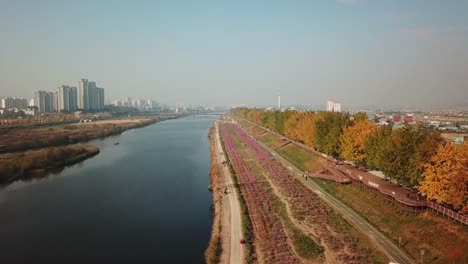 Otoño-de-vista-aérea-de-la-estatua-de-Buda-en-templo,-Seúl-Corea