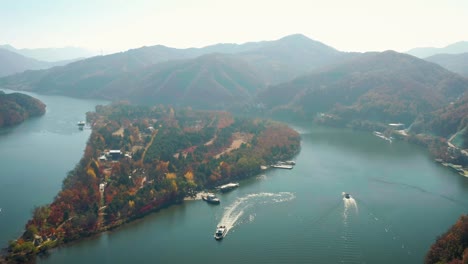 Autumn-aerial-view-of-Nami-Island,-South-Korea