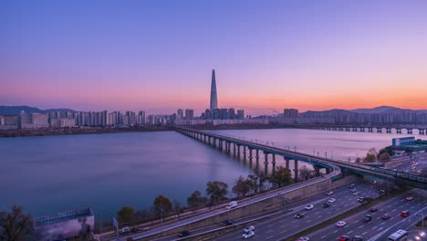 Time-lapse-Sunset-of-Seoul-City-Skyline,-South-Korea.