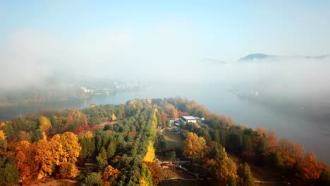 Aerial-view-autumn-of-Nami-island,-South-Korea