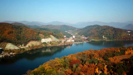 Aerial-view-autumn-of-Nami-island,-South-Korea