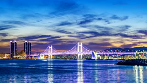 Timelapse-of-Gwangan-Bridge-and-Haeundae-at-Sunset,-Busan-City,-South-Korea.Timelapse-4k