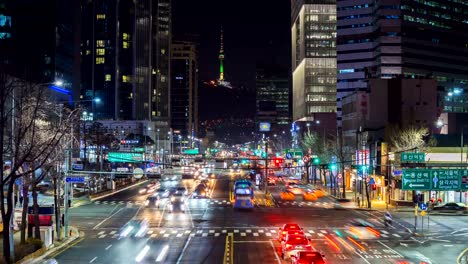 Timelapse-Verkehr-in-der-Nacht-in-der-Stadt-Seoul,-Südkorea