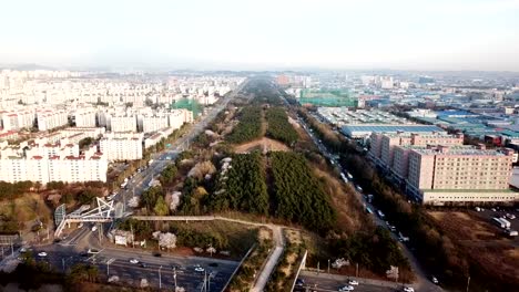 Luftaufnahme-Sonnenuntergang-des-Industrieparks.-Incheon-Seoul,-Korea