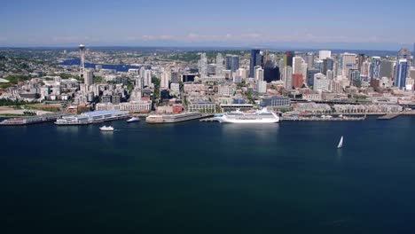 Seattle-Waterfront-Skyline-Aerial-of-Big-Cruise-Ship