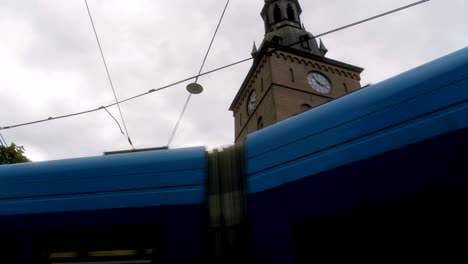 Clock-Tower-and-Train-Downtown-Oslo-Norway