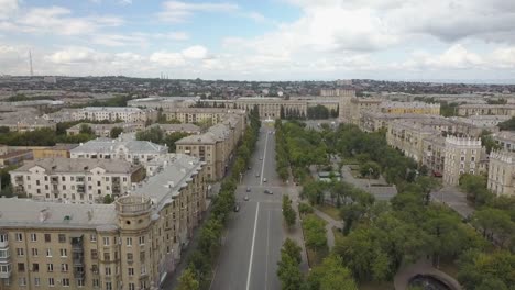 Drone-flight-over-the-main-street-of-Magnitogorsk