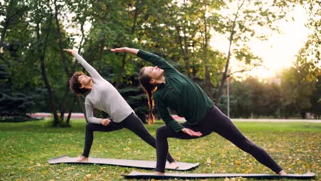 Two-pretty-women-are-doing-yoga-outdoors-in-park-on-mats-practising-asanas-and-breathing-fresh-air.-Individual-practice,-professional-instructor-and-nature-concept.