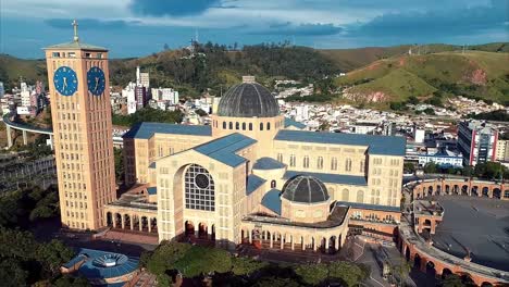 Aerial-view-of-the-Sanctuary-of-Nossa-Senhora-Aparecida,-Aparecida,-Sao-Paulo,-Brazil.-Patroness-of-Brazil.-Church,-temple,-religion,-faith.-Catholic-church.-Catholic-Religion.-Catholic-Priest.