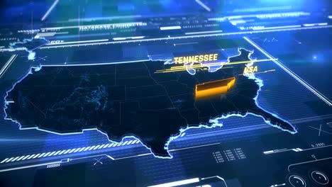 Tennessee-US-Landesgrenze-3D-moderne-Karte-mit-einem-Namen,-Region-Umriss
