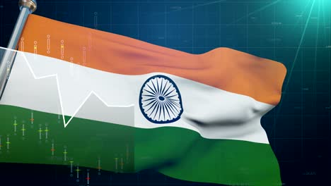 India-flag-on-stock-market-background,-trade-finances-Bombay,-exchange-currency