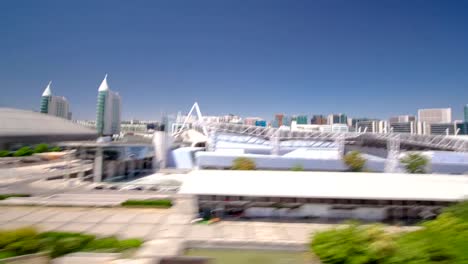 Parque-de-las-Naciones,-perspectiva-de-teleférico.---Lisboa,-Portugal.---Portugués-Pavilion,-Atlántico-Pavilion,-San-Gabriel-y-San-Rafael-Towers,-Olivais-Dock-timelapse-