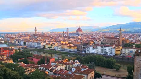 Aerial-view-of-Romantic-Florence,-floating-in-the-air-colour-bubbles,-Italy