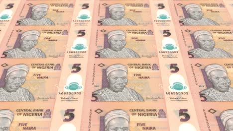 Series-of-banknotes-of-five-nigerian-naira-of-the-Central-Bank-of-Nigeria-rolling-on-screen,-coins-of-the-world,-cash-money,-loop