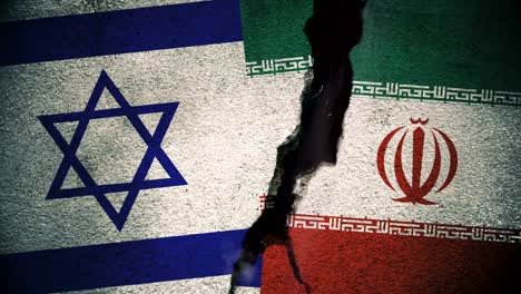 Israel-gegen-Iran-Flaggen-auf-rissige-Wand