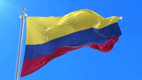 Colombia-flag-waving-at-wind-in-slow-with-blue-sky,-loop