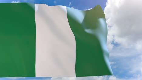 Render-3D-de-la-bandera-de-Nigeria-ondeando-sobre-fondo-de-cielo-azul-con-canal-alfa