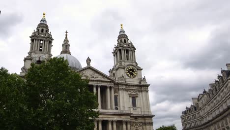 Low-angle-view-drone-shot-of-St.-Paul's-Cathedral-in-London,-a-church-of-England-cathedral-and-is-the-seat-of-the-Bishop-of-London.