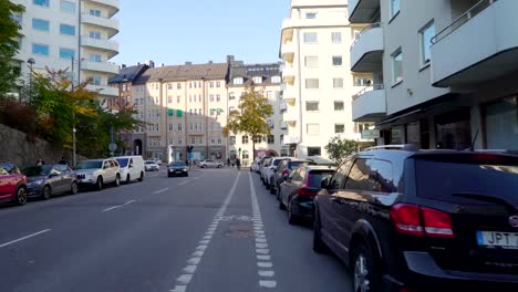 Cars-parking-on-the-street-side-of-Stockholm-in-Sweden