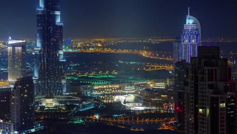 Dubai-Nacht-Licht-Dach-Top-berühmten-Brunnen-Panorama-4-k-Zeit-verfallen-Vereinigte-Arabische-Emirate