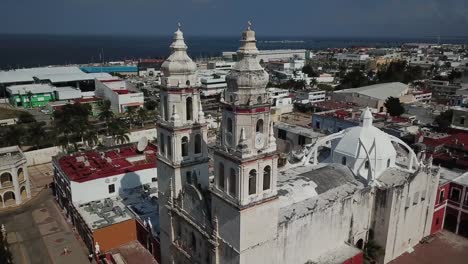 Kathedrale-von-Campeche.-Luftaufnahme-der-Unabhängigkeit-Plaza.-Campeche,-Mexiko