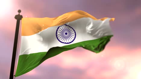 Flag-of-India-waving-at-wind-in-slow-at-sunset,-loop