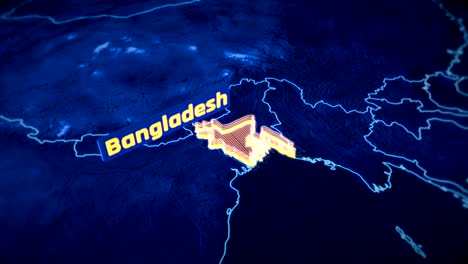 Visualización-en-3D-Bangladesh-país-frontera,-contorno-del-mapa-moderno,-viajes