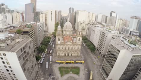 Aerial-view-of-Candelaria-church-in-downtown,-Rio-de-Janeiro,-Brazil