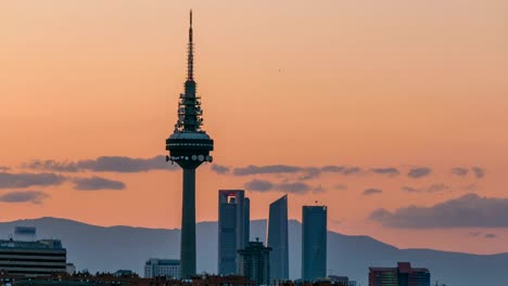 Madrid-skyline-timelapse-with-some-emblematic-buildings-such-as-Kio-Towers,-part-of-the-Cuatro-Torres-Business-Area-and-the-Piruli-TV-Tower