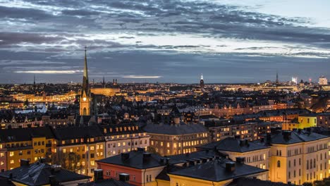 View-of-Stockholm-city-at-dusk-4K-Time-Lapse.-Cityscape-skyline,-Capital-of-Sweden