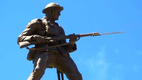 Bronze-Solider-War-Memorial-Statue-Monument,-Military-Fighting,-Remembrance