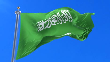 Flag-of-Saudi-Arabia-waving-at-wind-in-slow-with-blue-sky,-loop