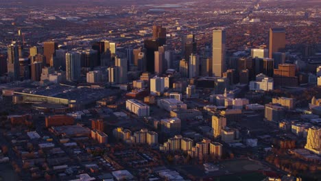 Aerial-view-of-Denver,-Colorado-at-sunset