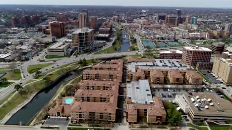 Slow-Aerial-Pan-across-south-side-of-Country-Club-Plaza-in-Kansas-City,-Missouri