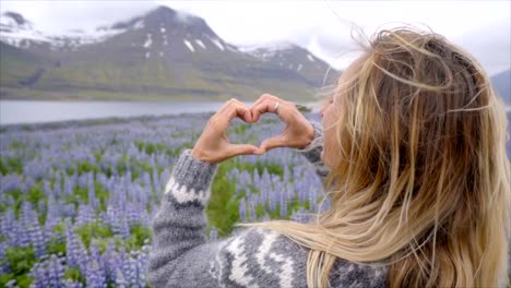 Mujer-joven-de-pie-en-el-Prado-de-flores-púrpura-lupine-en-Islandia-haciendo-marco-del-dedo-corazón-forma