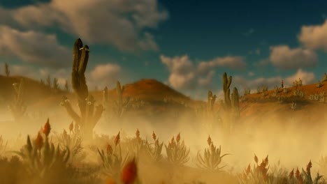 Mujer-que-corre-en-el-desierto-con-Cactus-Saguaro-y-el-polvo-que-sopla-en-el-viento,-alejar