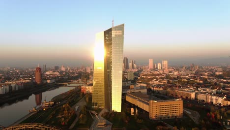 Frankfurt-ECB-Skyline-Aerial-Shot-at-early-sunrise-reflecting-sun