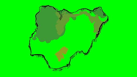 Dibujo-Mapa-coloreado-Nigeria-en-pantalla-verde-aislado-pizarra