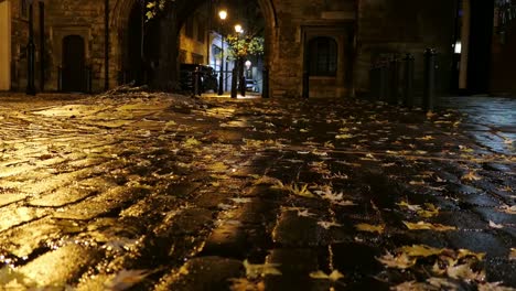 Man-Walking-Empty-Cobbled-Street-in-London-at-Night