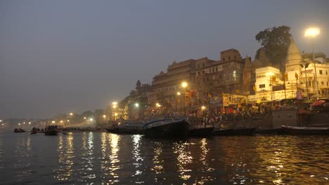 Boats-on-Ganges-River,-Varanasi-,-India