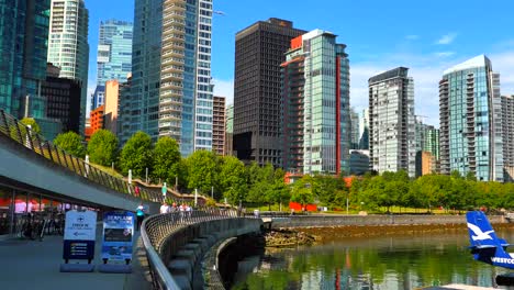 4K-Waterfront-Walkway-with-Condominiums-in-Background,-Vancouver-Canada