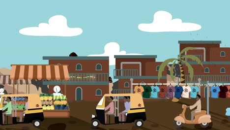 Busy-Indian-Market-with-Rickshaws-and-Scooters-Passing-by-in-Cartoon-Style