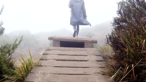 Joven-turista-en-impermeable-a-pie-en-la-planta-alta-del-puente-rocoso-al-aire-libre.-Mujer-subiendo-por-escaleras-de-piedra-durante-el-viaje-de-vacaciones-en-la-montaña.-Naturaleza-en-el-fondo.-Estilo-de-vida-activa-saludable