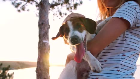 Mujer-atractiva-joven-jugando-con-un-perro-Jack-Russell-en-el-Prado-al-atardecer-con-el-fondo-del-mar.-cámara-lenta