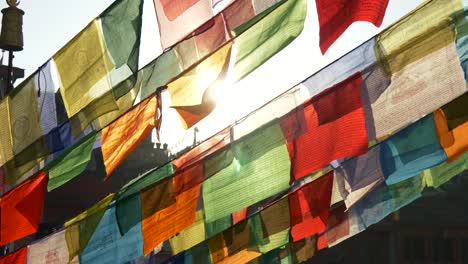 Prayer-flags-in-morning-sun-lights.-Kathmandu,-Nepal.-Slow-motion,-4K